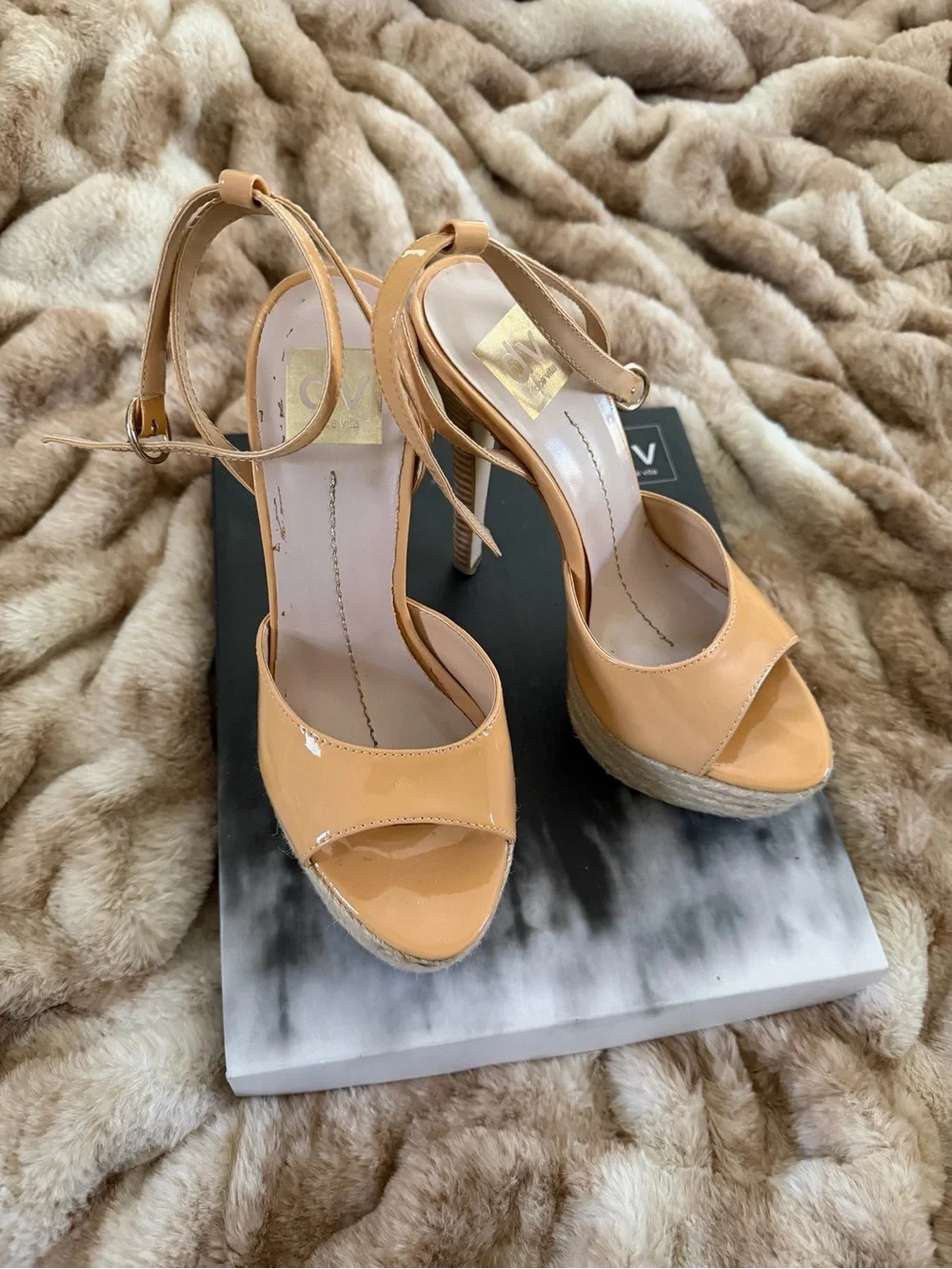 Dolce Vita Patent Tan Platform Sandals with Ankle Strap